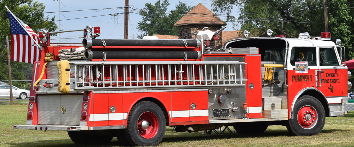 American Flag and Antique Fire Truck